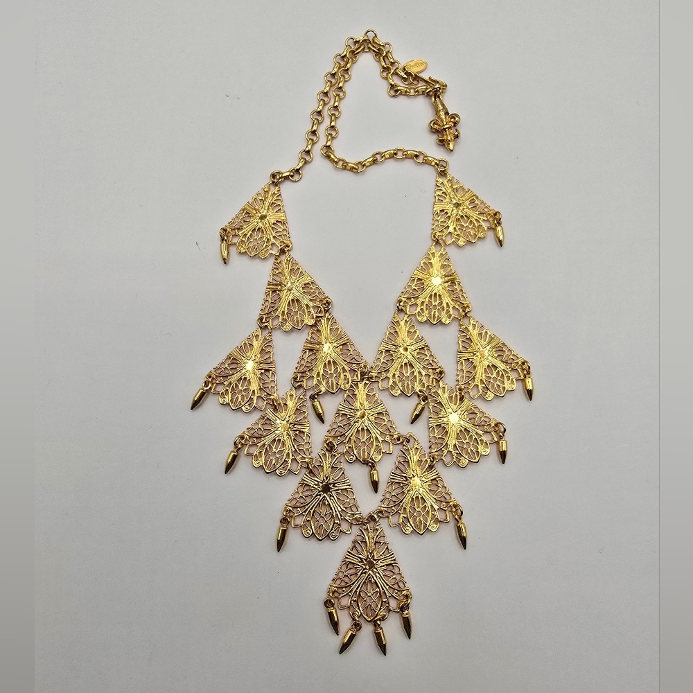 Vintage Vendome Goldtone Filigree Bib Necklace Egyptian Revival